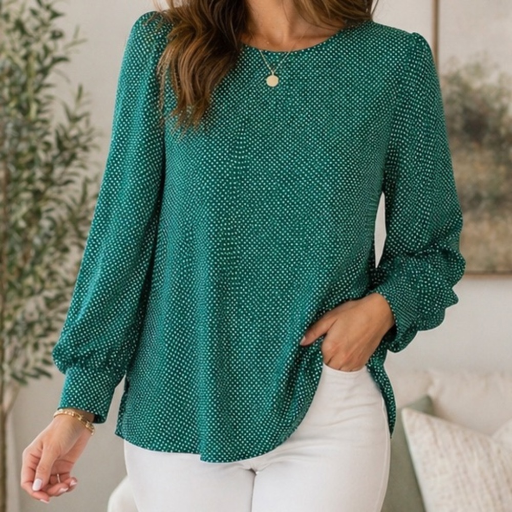 Adrianna Papell Green Polka Dot Blouse Medium Long Sleeve Keyhole Back 💚 ☘️